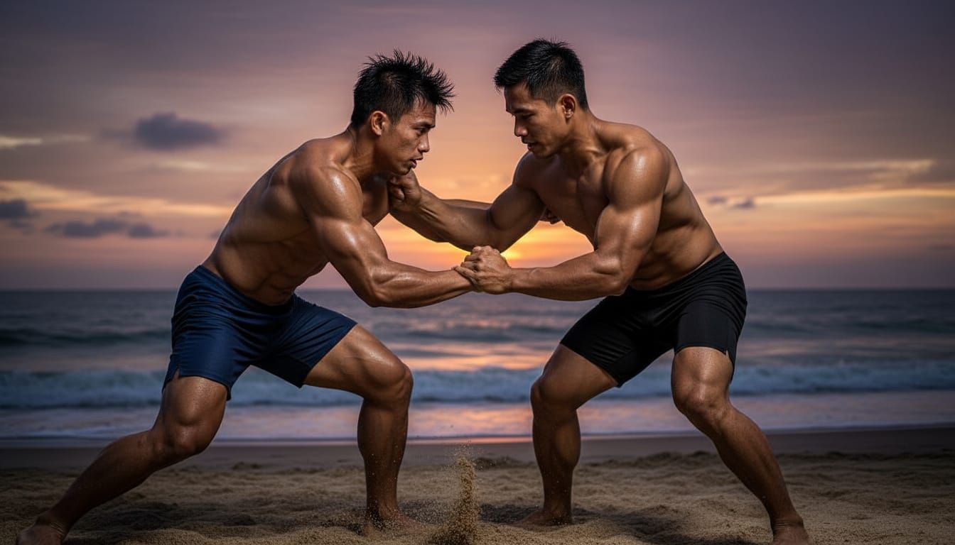 Muscular Men Wrestle on Sandy Beach at Dusk