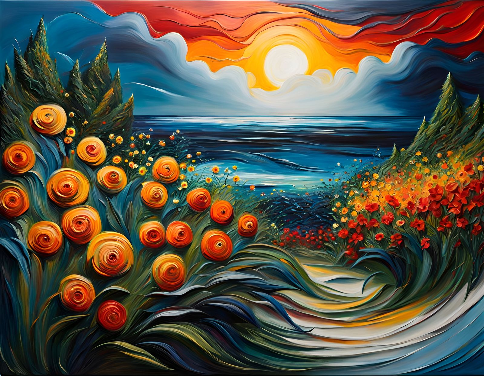 Textured 3D Seascape with Flowers as Impasto Painting