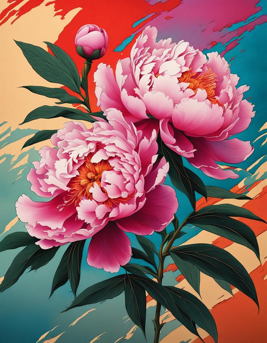 Detailed Peonies in Japanese Woodblock Style