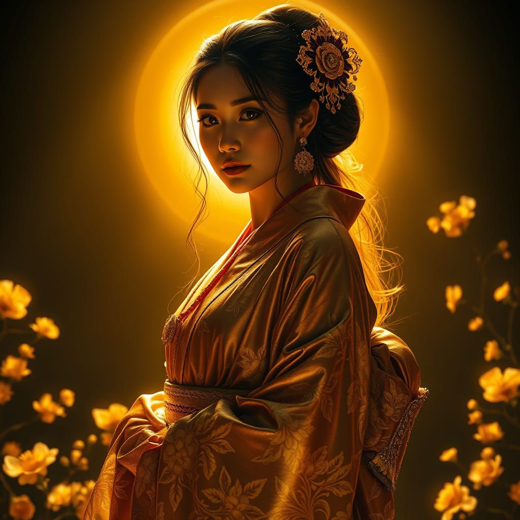 A Geisha with backlighting, golden flowers,