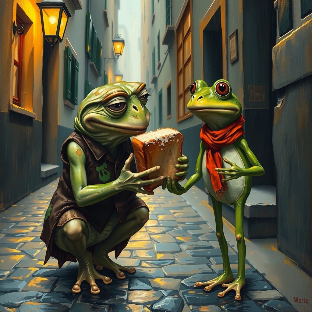 Frogs Share a Sandwich in Rainy Alleyway