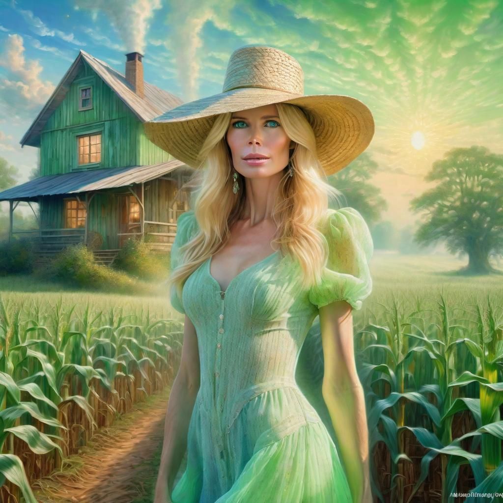 Woman in Green Dress in Cornfield, Ethereal Portrait