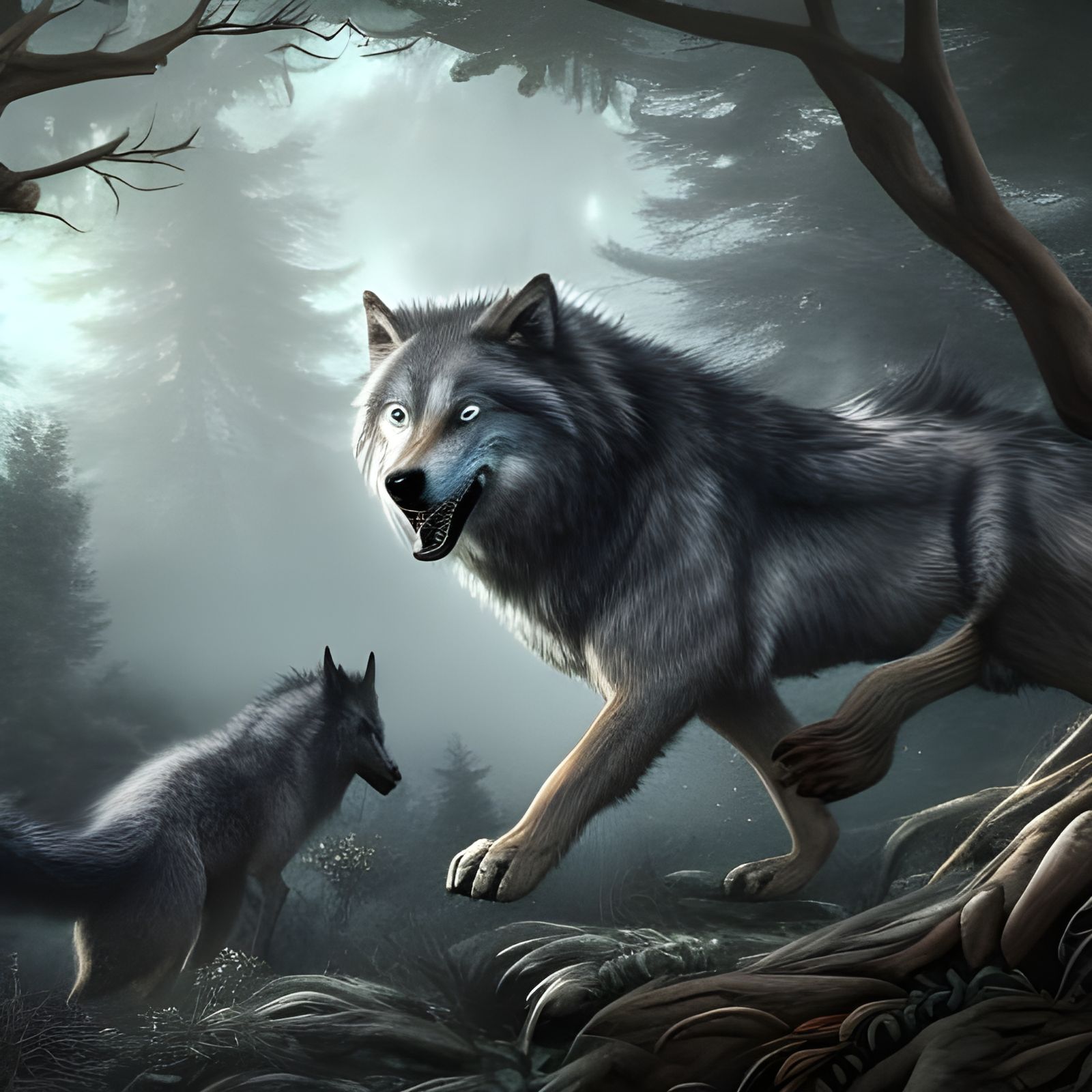 Wolves Run Through Forest: Detailed Matte Painting