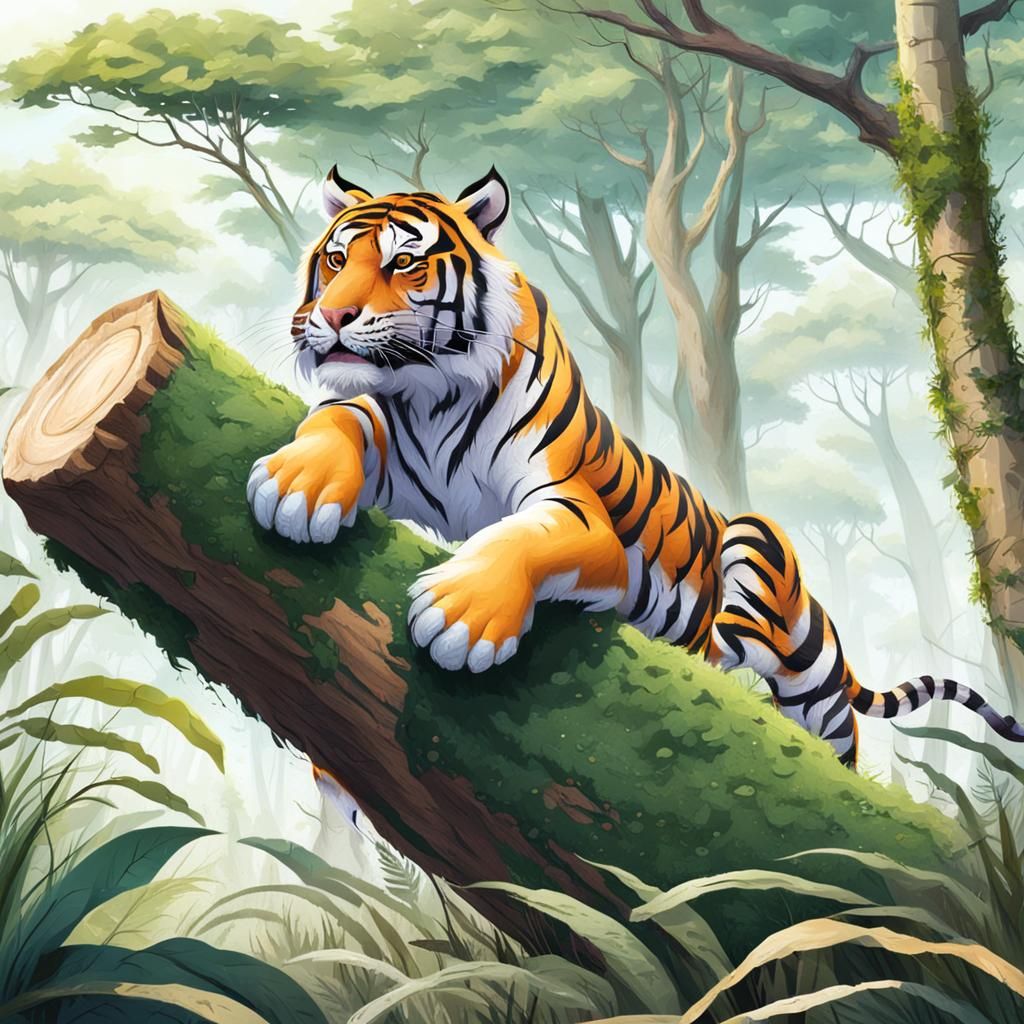Tiger Climbing Tree in Jungle