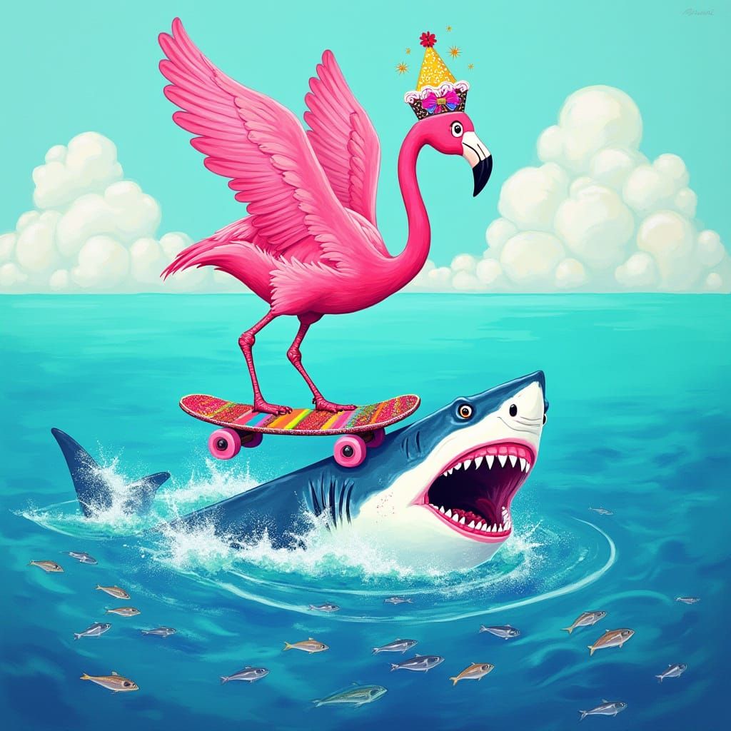 Whimsical Flamingo Balances Cake on Rainbow Skateboard