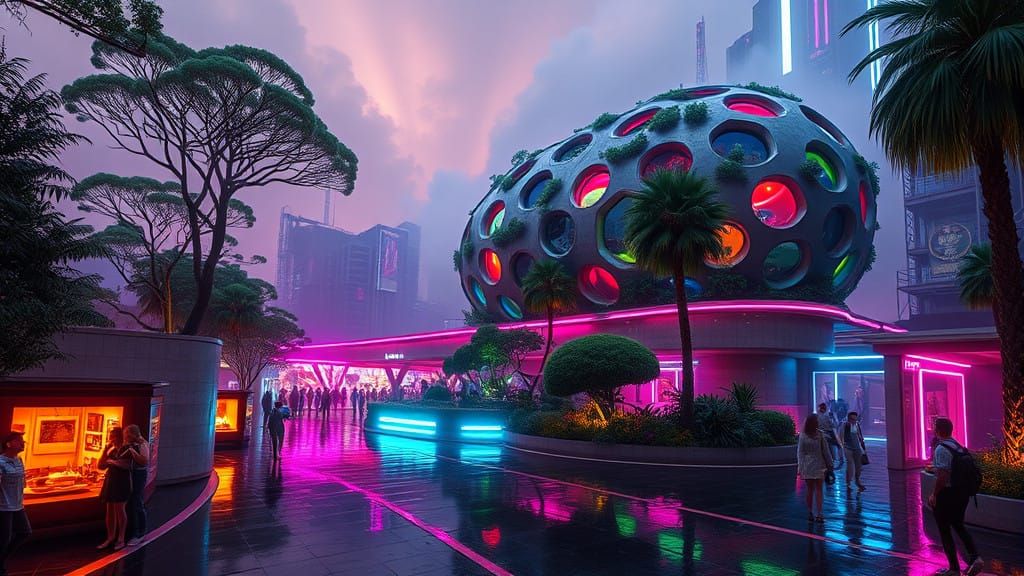 Futuristic Community Oasis in Dystopian Metropolis