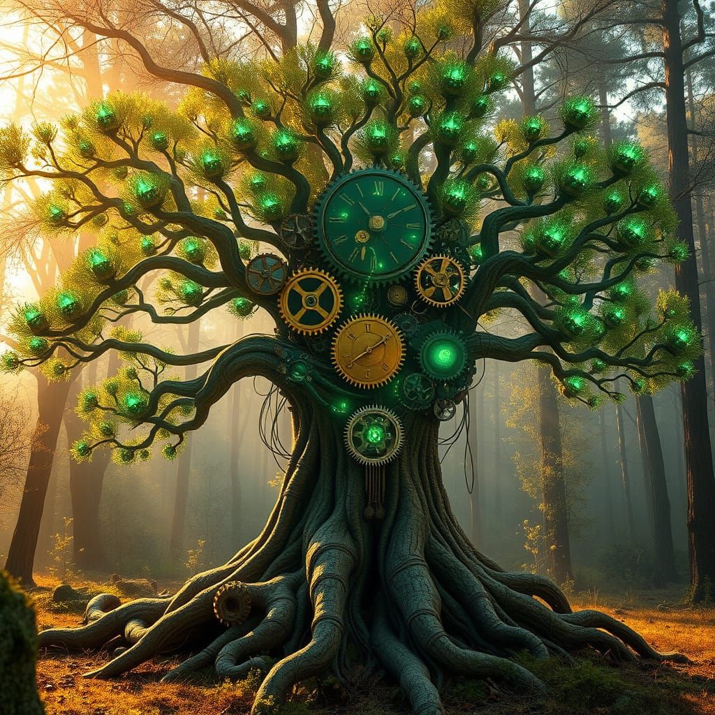 Steampunk Oak Tree Fused with Gears and Emerald Circuits