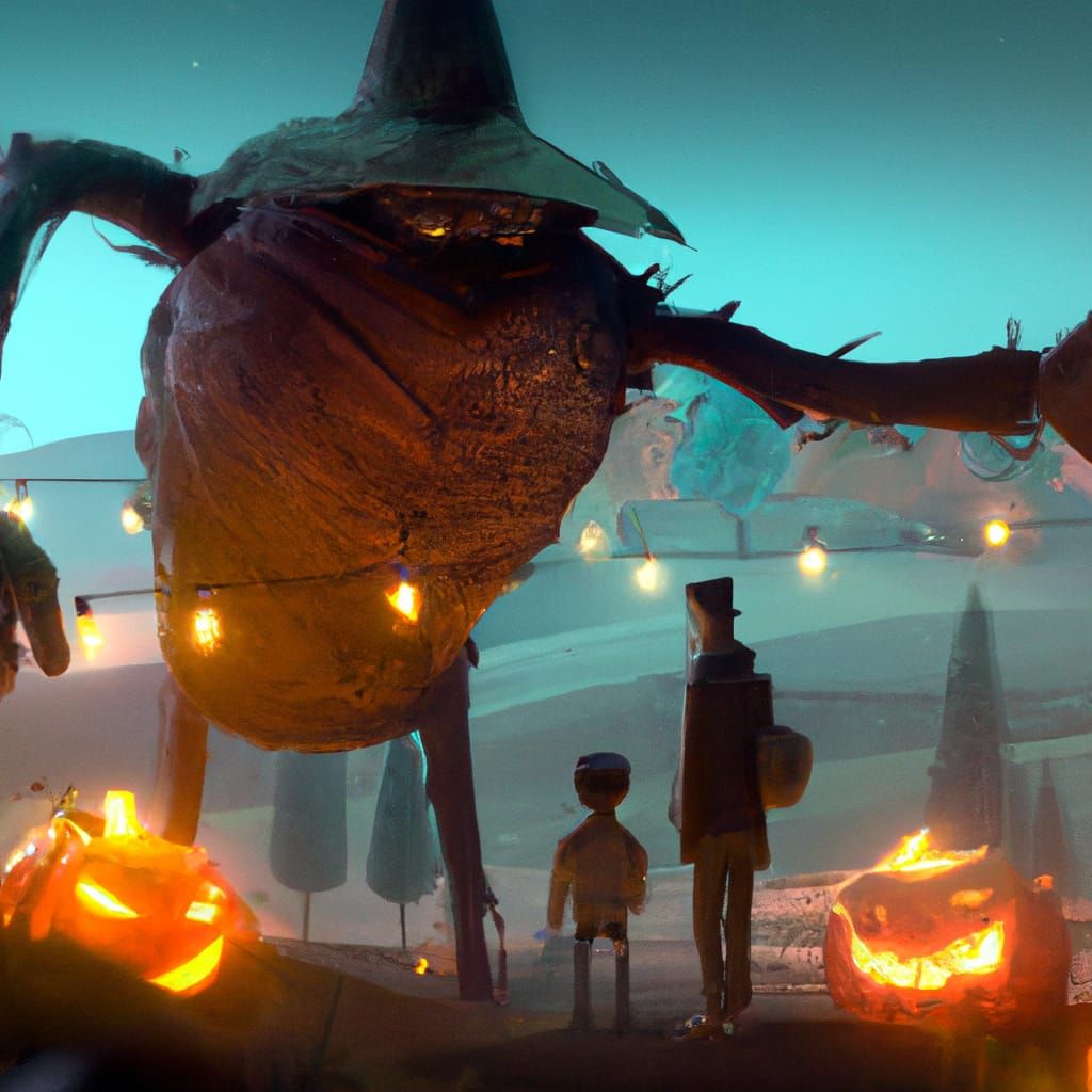 Sinister Zombie and Pumpkinhead Meeting at Night