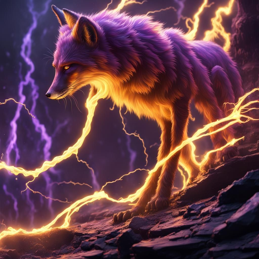 Fox with Lightning Flares: Dark Fantasy Art