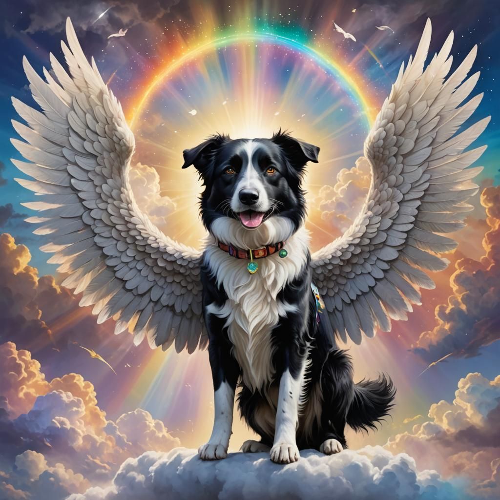 Border Collie Angel on Rainbow Bridge: Digital Art