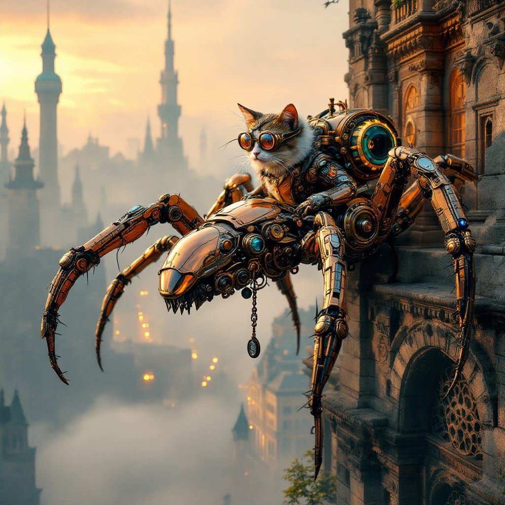Regal Feline Rides Steampunk Spider Up Victorian Metropolis
