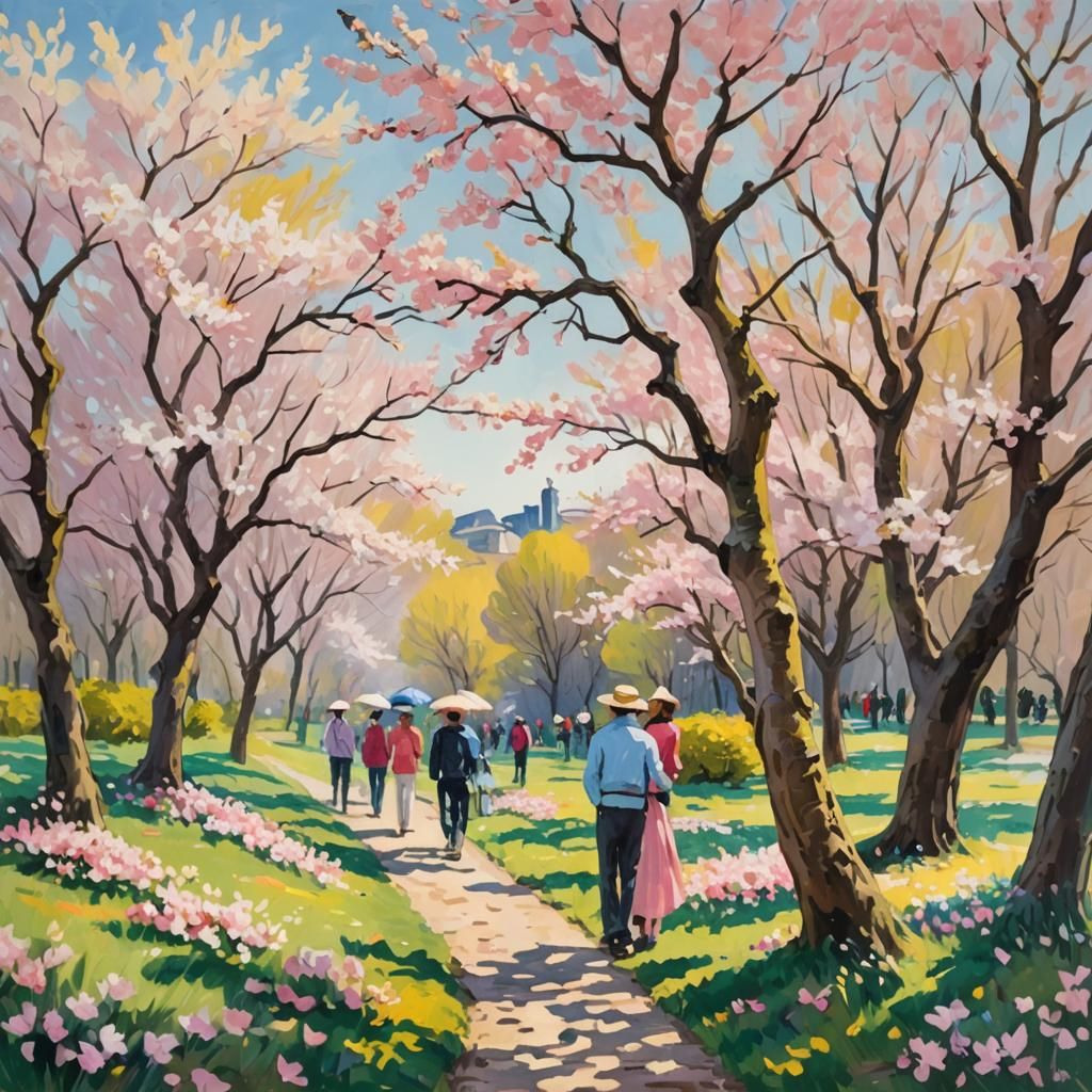 Impressionist Cherry Blossom Scene in Gouache