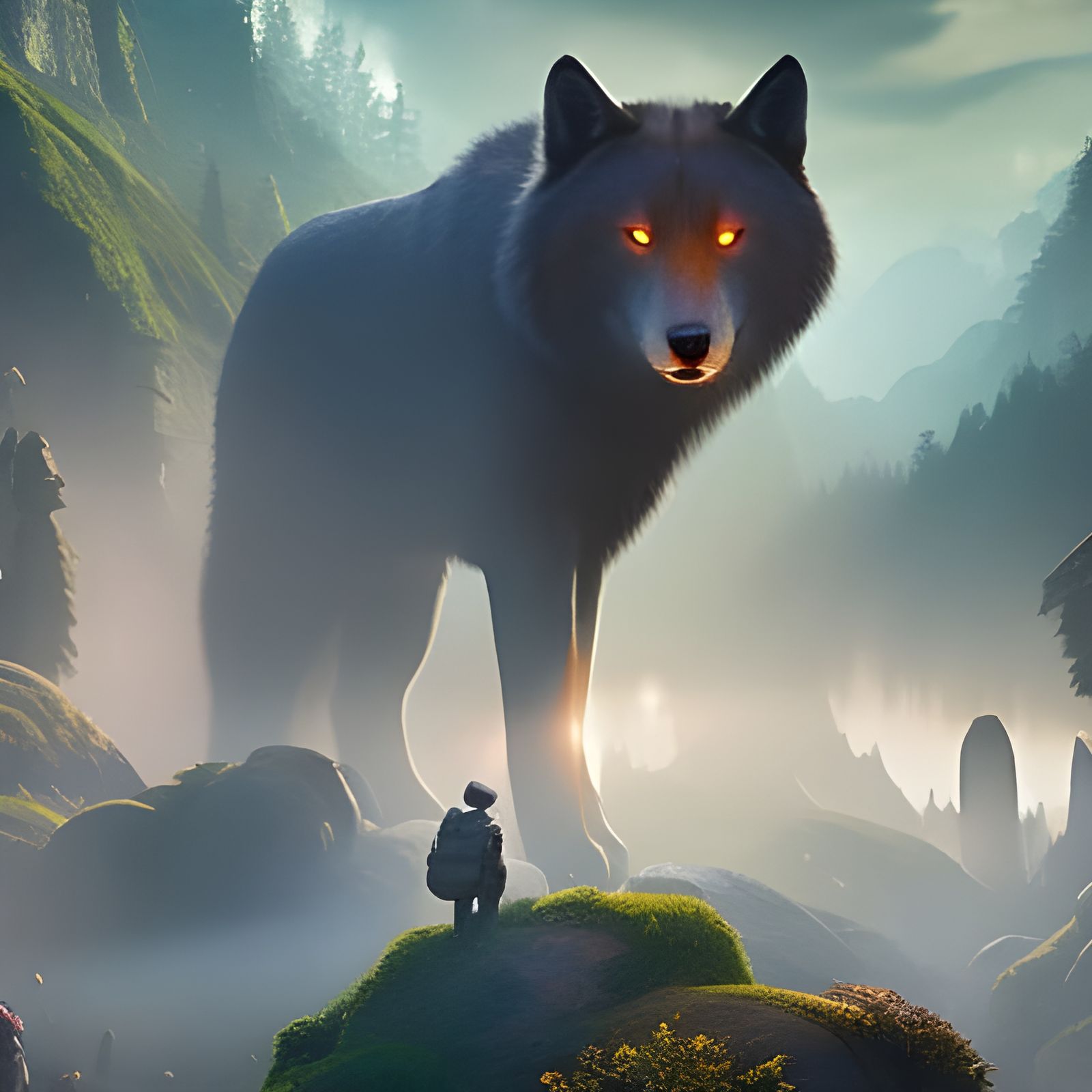 Giant Wolf Watchdog in Rainforest, 3D Render
