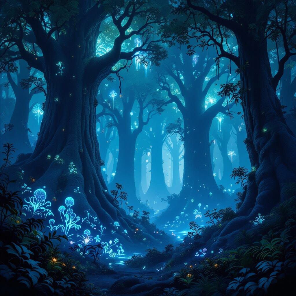 Ethereal Bioluminescent Forest at Night