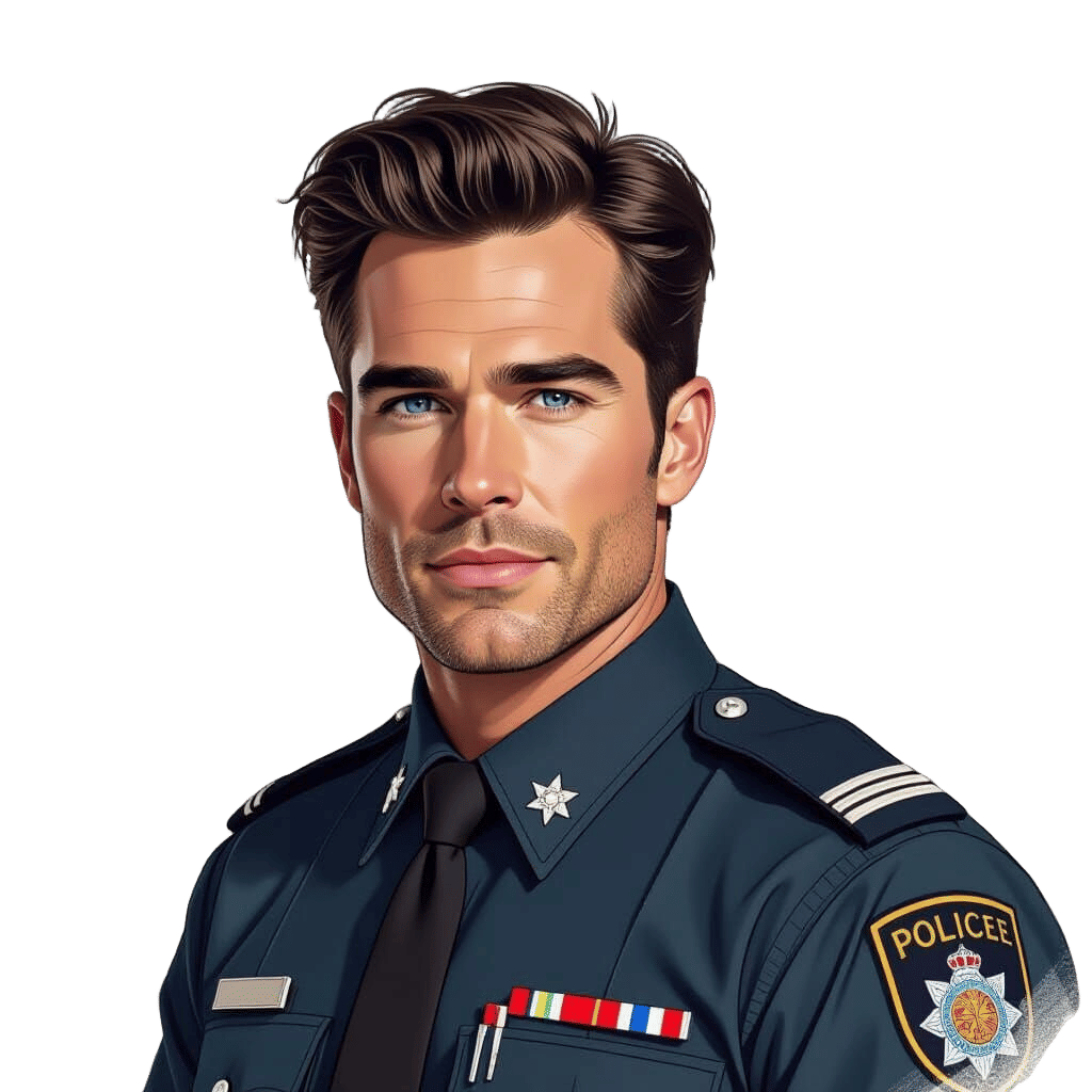 Handsome Man in Police Uniform: Charcoal Drawing