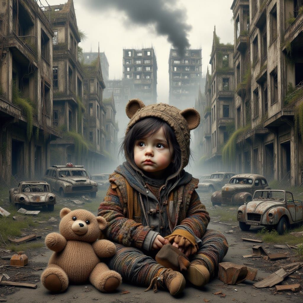 Solemn Toddler Amidst Post-Apocalyptic Ruins in Dark Art Sty...