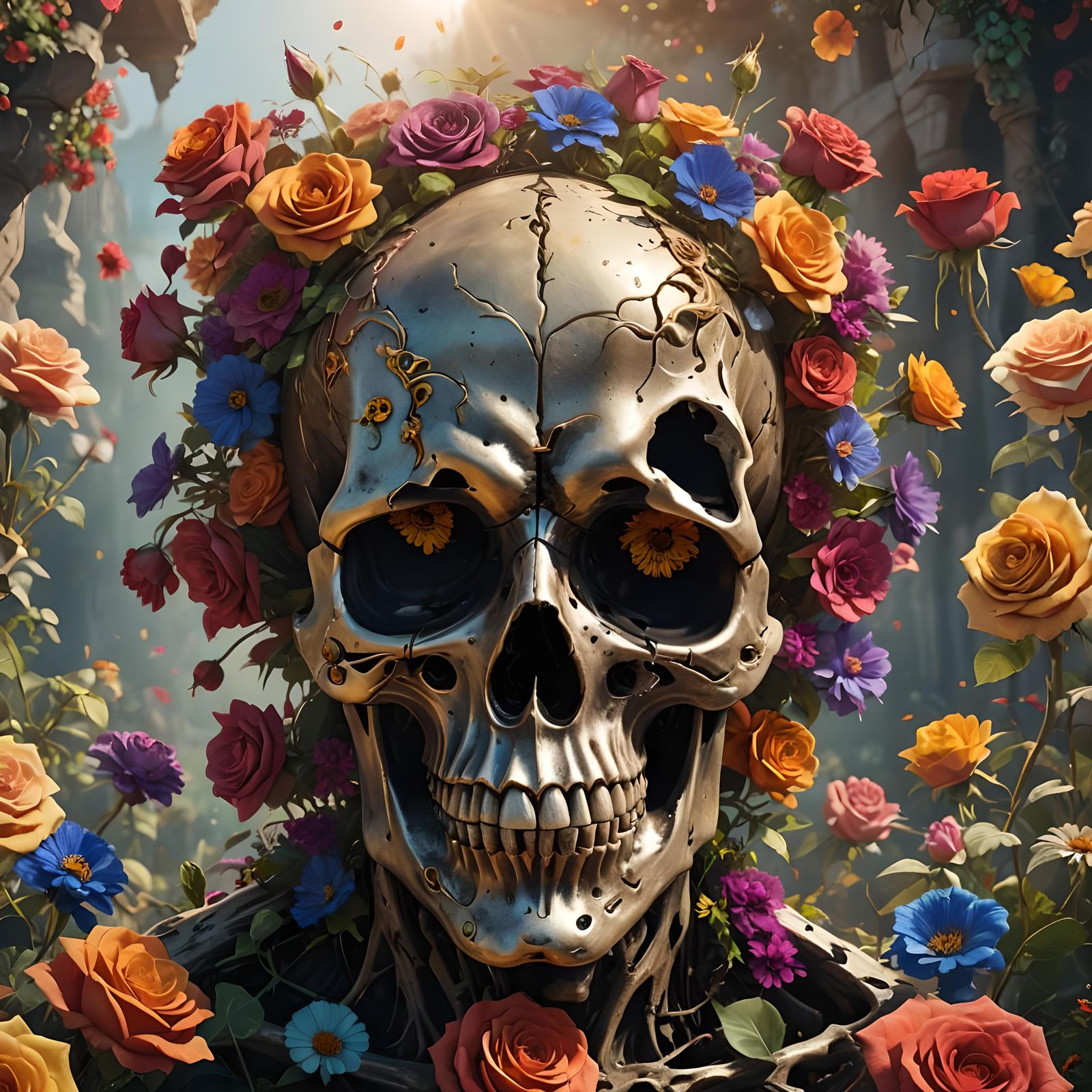 Skull Surrounded by Flowers: Detailed Matte Painting
