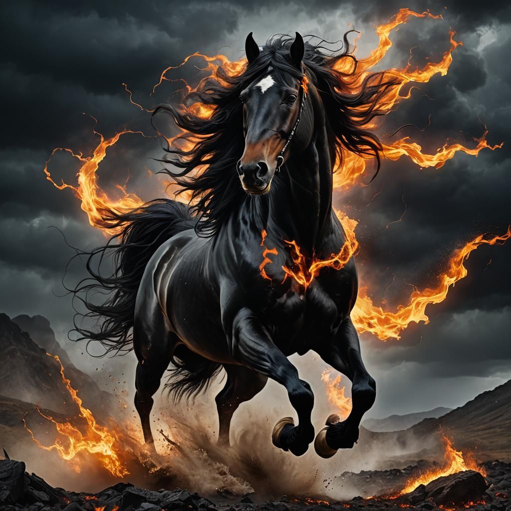 Majestic Fire Horse Galloping Through Stormy Landscape