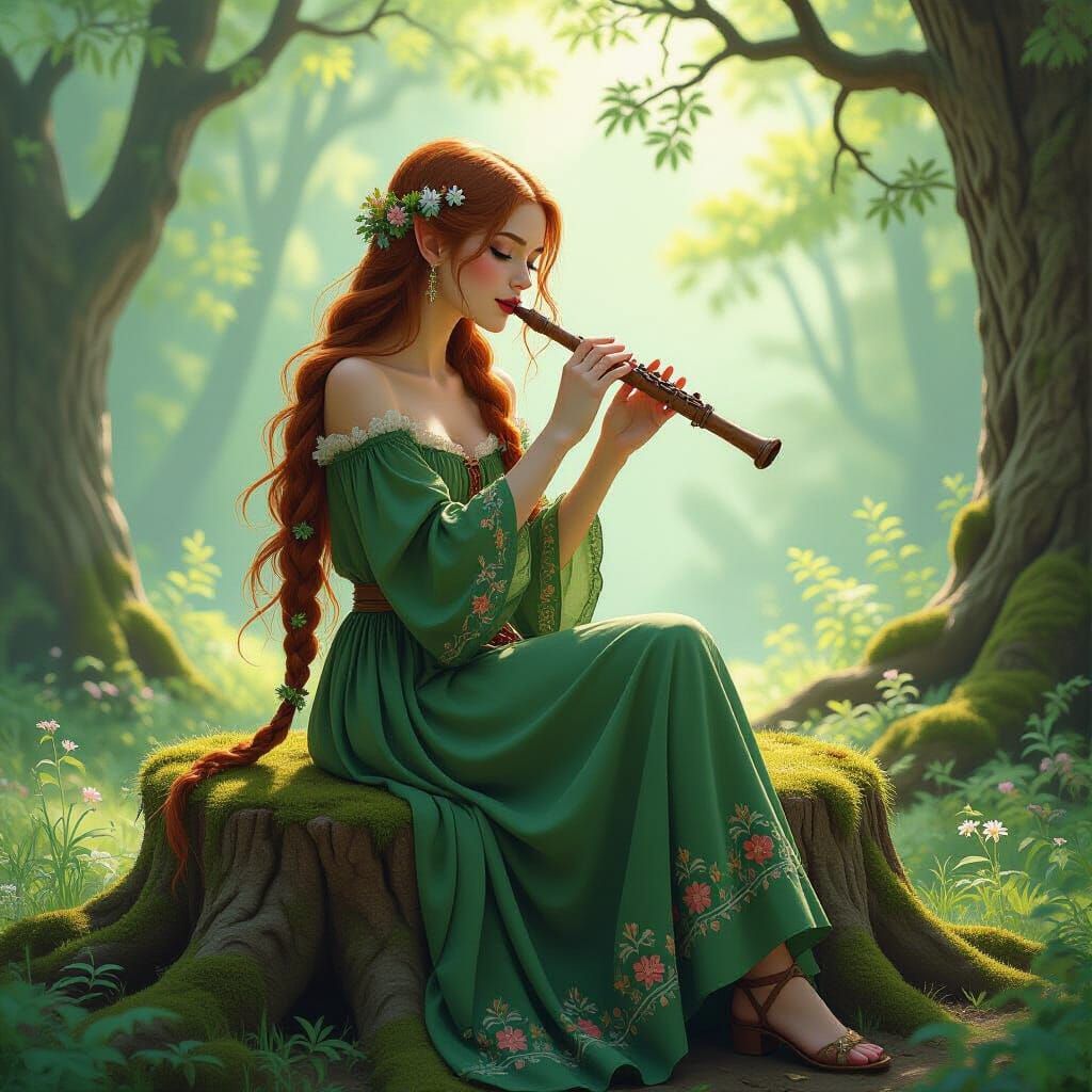 Whimsical Gothic Fairy Playing Flute in Rackham Style