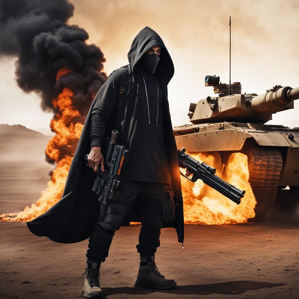 Hooded Figure with RPG in War Zone
