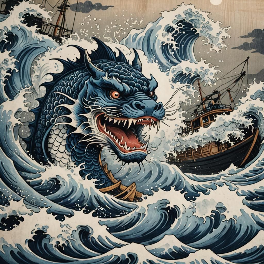 Dragon-Tiger-Fish Menaces Boat: Japanese Woodblock Print