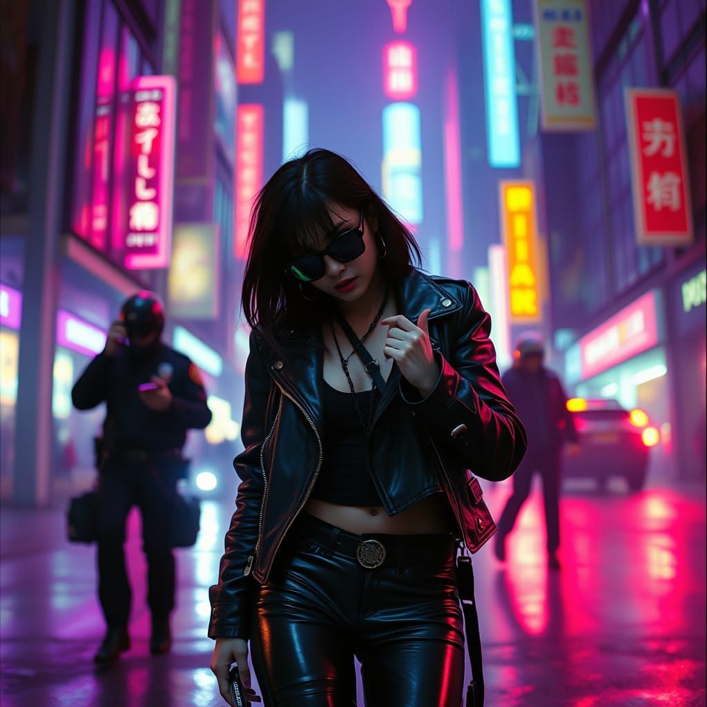 Cyberpunk Rogue Hiding in Neon Cityscape