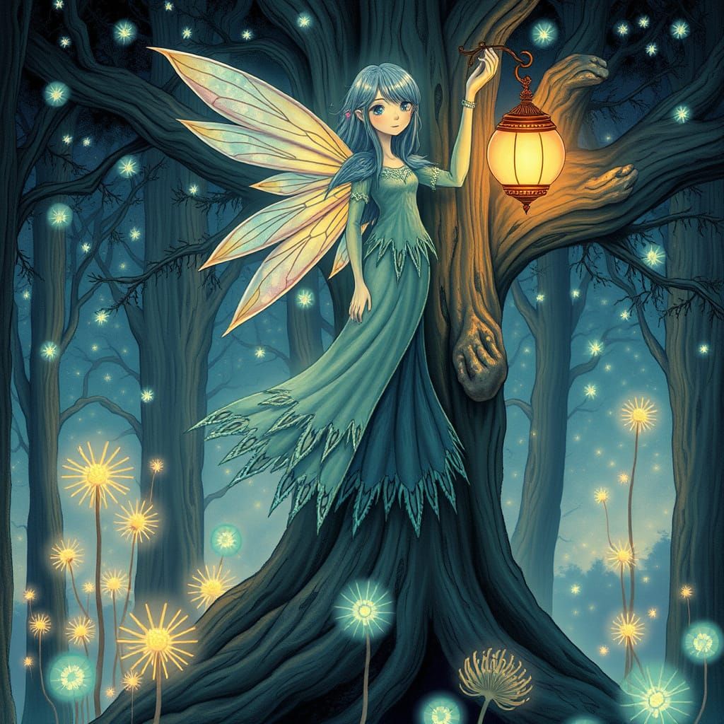 Whimsical Fairy Angel of Death in Bioluminescent Forest