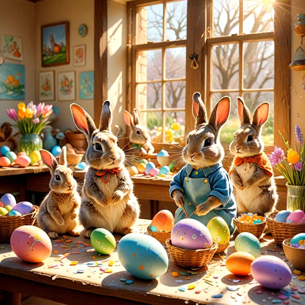 Vibrant Easter Bunnies Create Colorful Egg Art in Whimsical ...