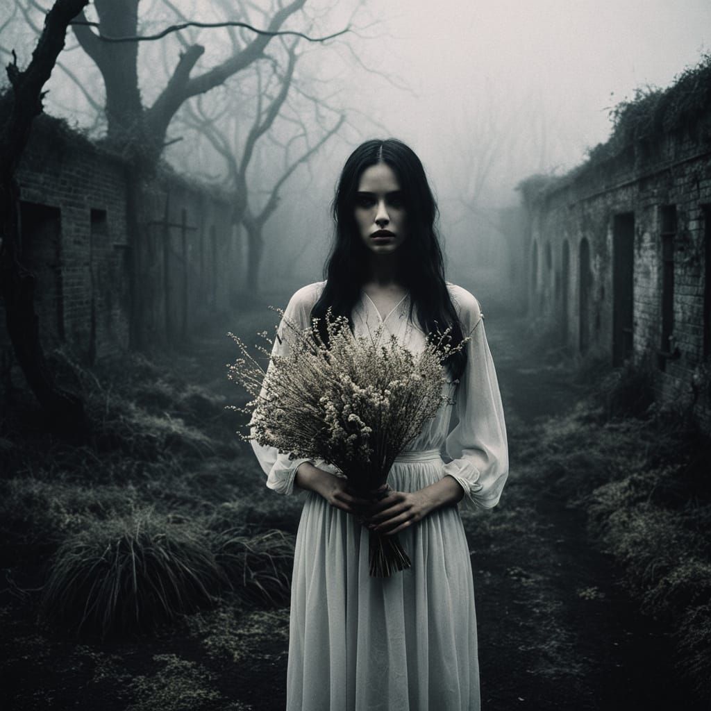 Surreal Woman in Misty Abandoned Garden