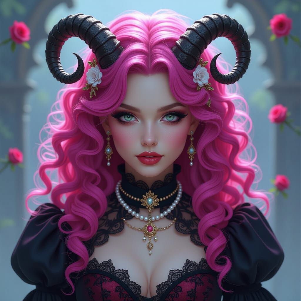 Mystical Creature with Pink Hair in Gothic Style