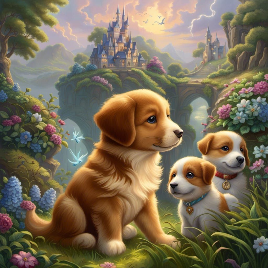 Mum and puppies in a fantasyland