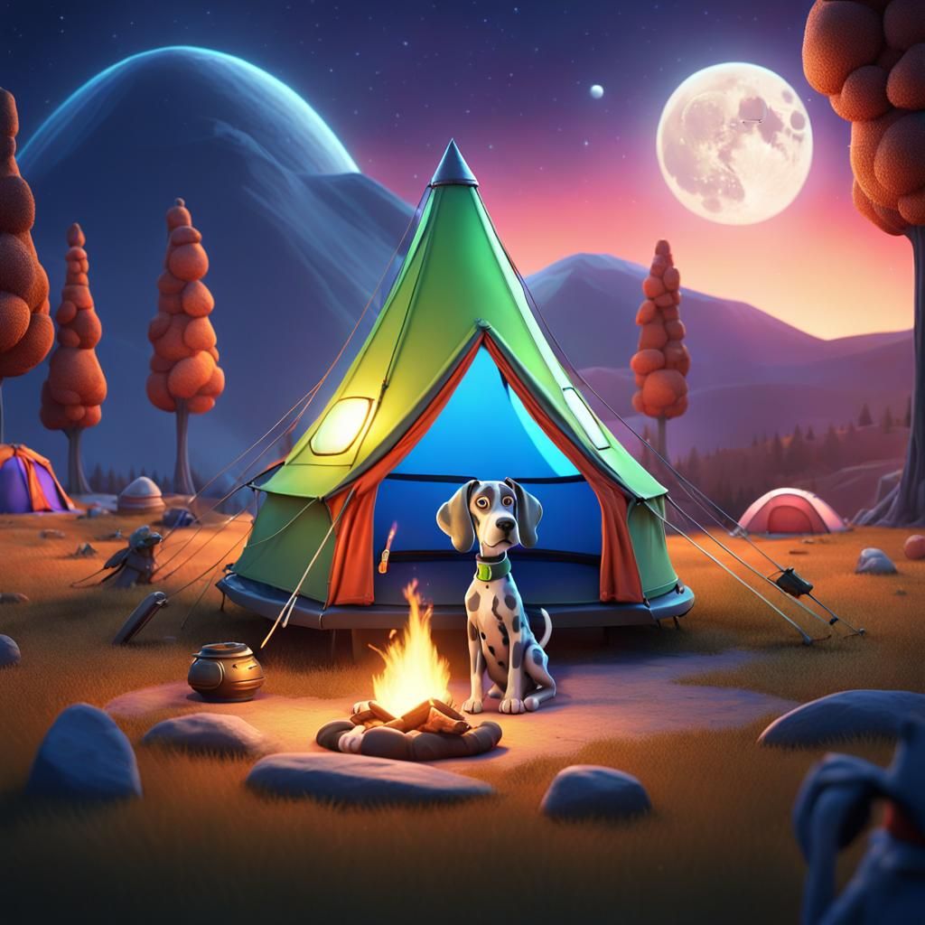 Happy Alien and Great Dane Camping in Space