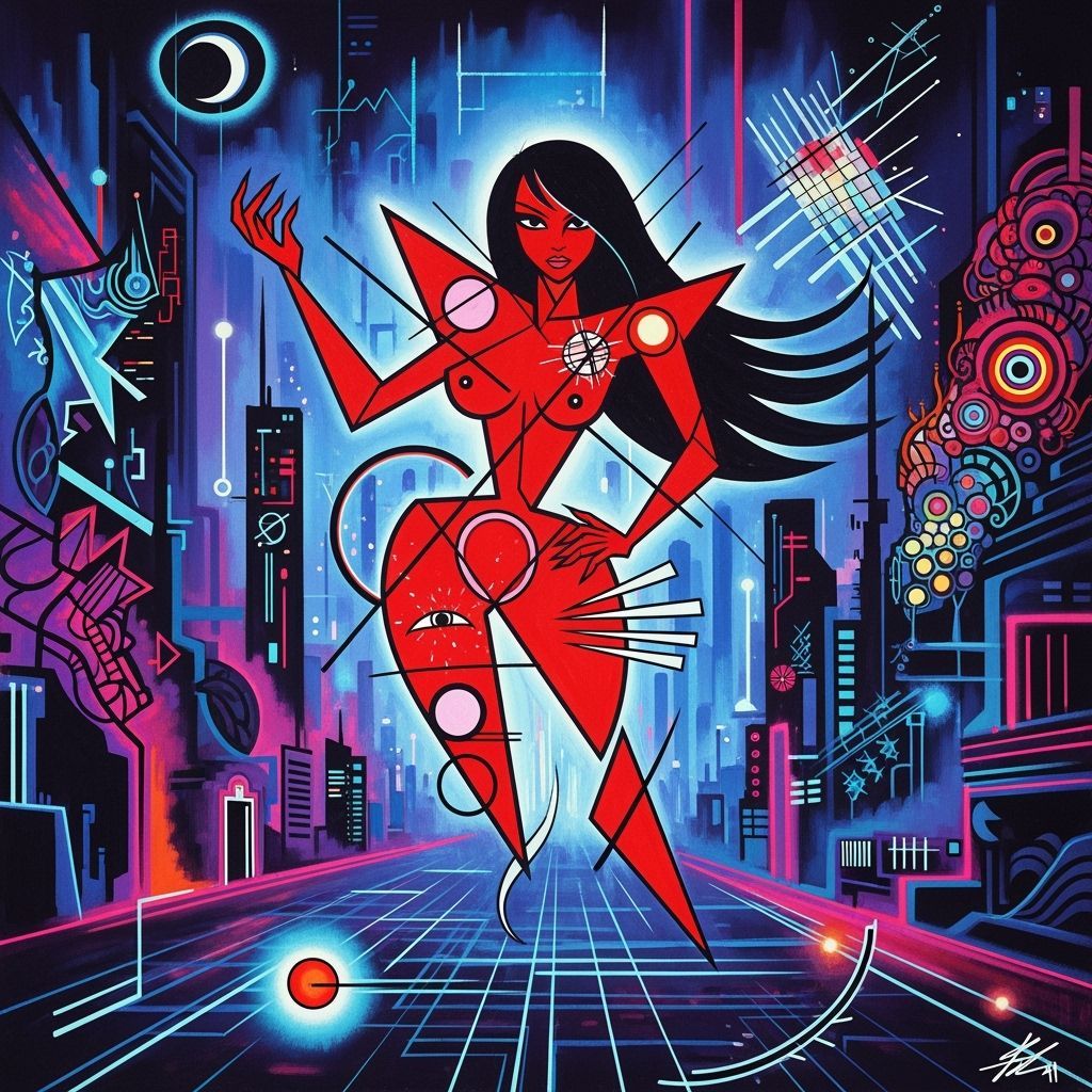 Futuristic Woman in Red Dress, Kandinsky Style