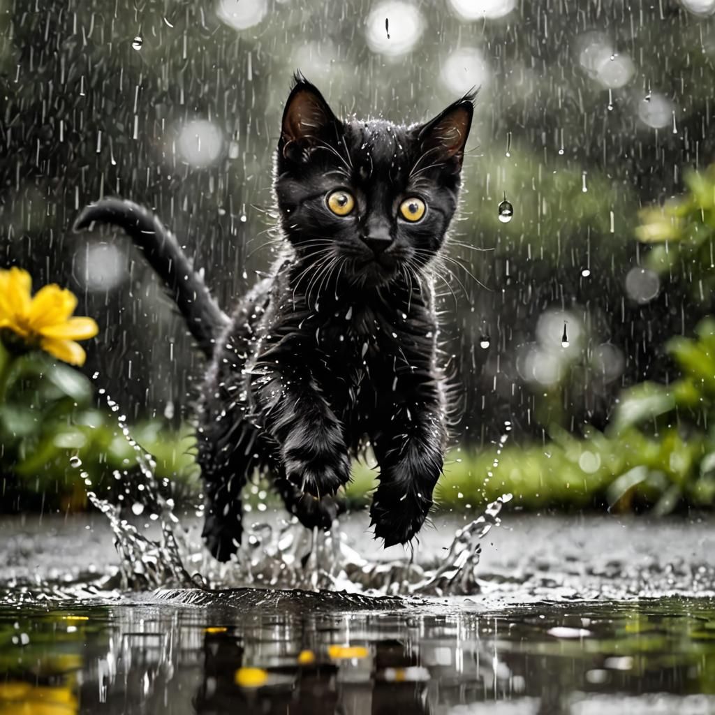 Playful Black Kitten Leaps in Rainy Day Reflections
