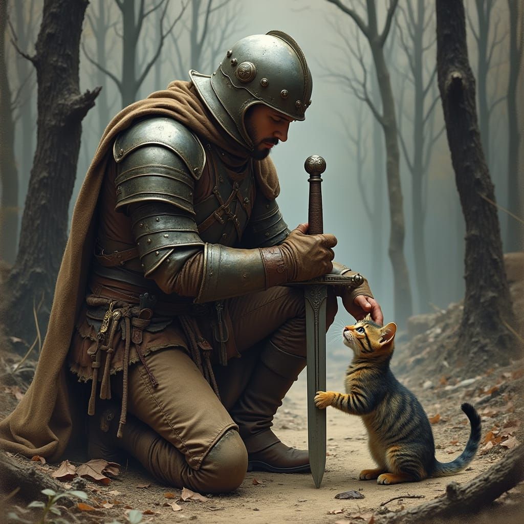 Medieval Soldier and Kitten in Burned Forest