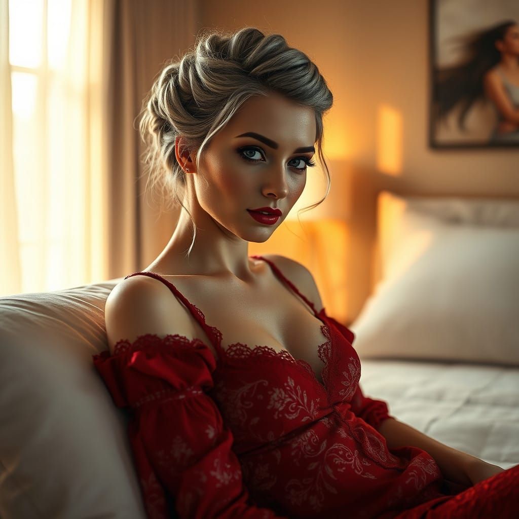 Ethereal Lady in Red Lace Nightgown
