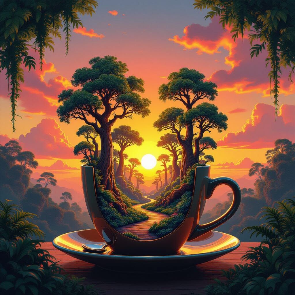 Prehistoric Forest in Faceted Coffee Cup, Retro-Futurism