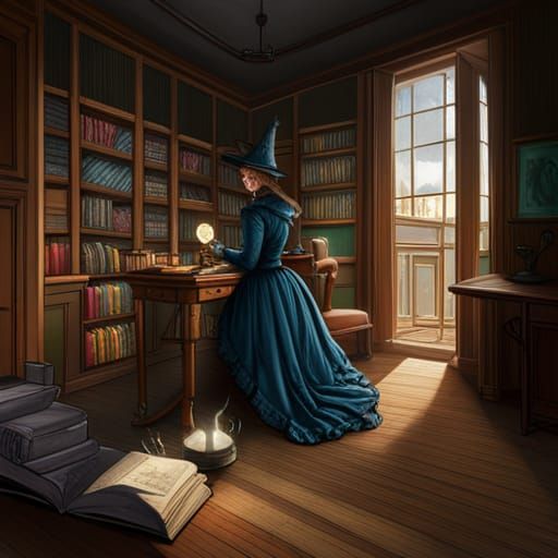 Victorian Library Scene with Young Witch