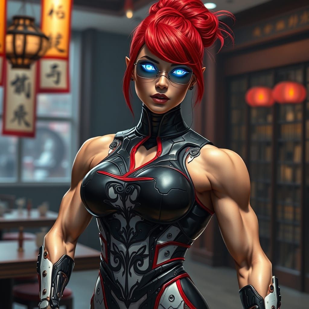 Cyborg Hostess at Martial Arts Dojo in Cyberpunk Style