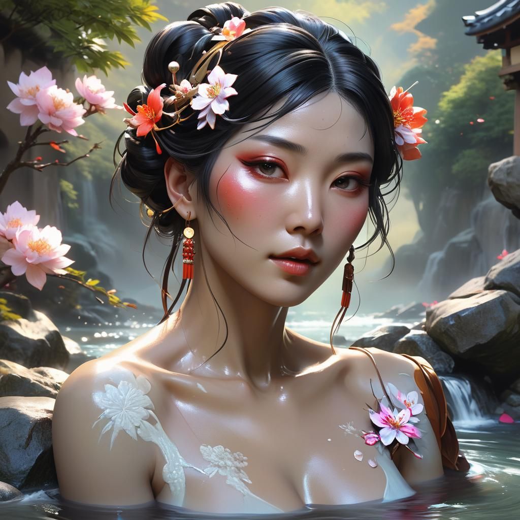 Japanese River Bath: Hyperrealistic Feminine Portrait