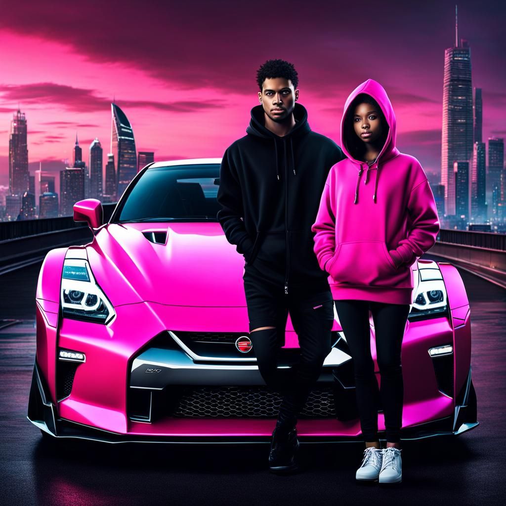 Girl and Boy with Nissan GTR R35: Digital Matte Painting