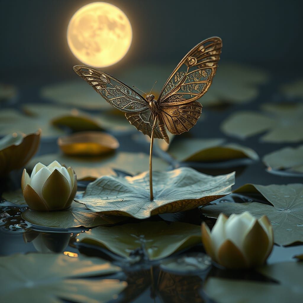 Brass Butterfly on Lily Pad, Dreamy Art
