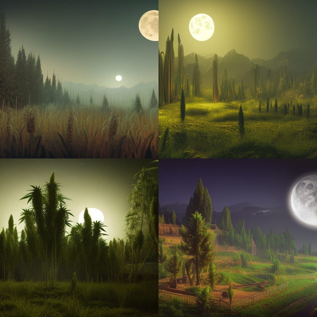 Moonlit Cannabis Field in Detailed Matte Painting