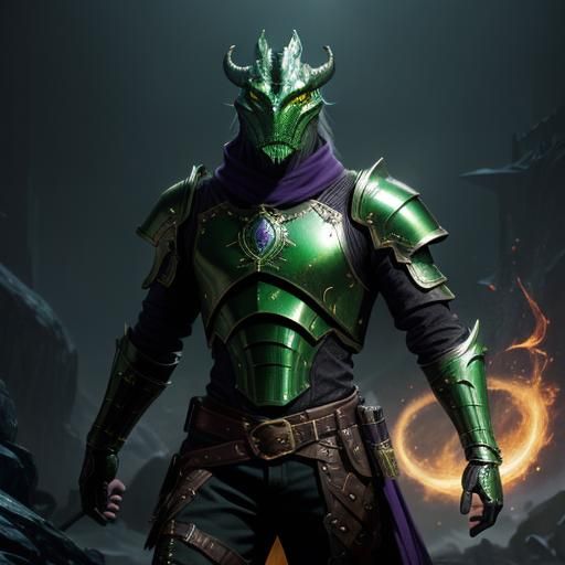 Dragonborn Bard in Metallic Armor, Dark Fantasy Art