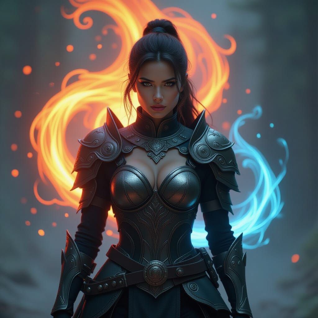 Powerful Armored Woman Surrounded by Magical Energy