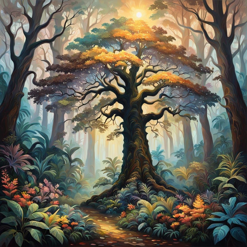 Mystical Forest at Dawn: Maximalist Oil Painting