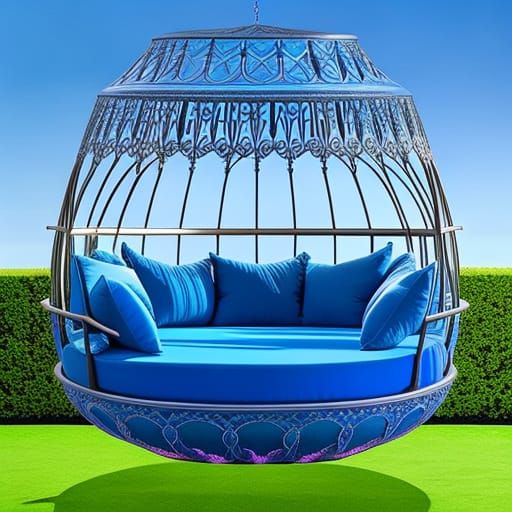 Periwinkle blue& blue Gothic Round Swing Bed with Pergola Roof and flower Planters& gothic vibes& ethereal vibes& magica...