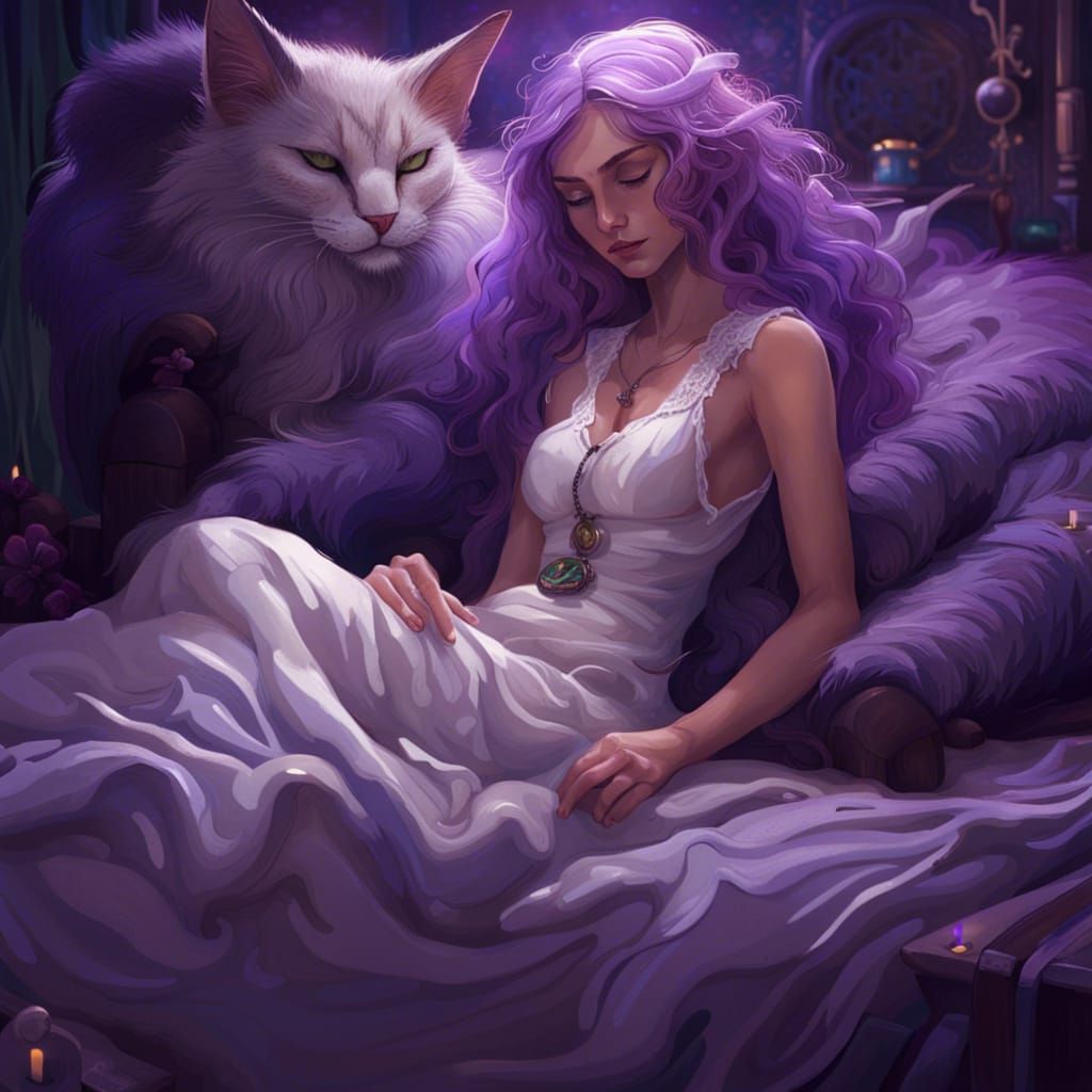 Sleeping Elf with Violet Cat in Digital Painting