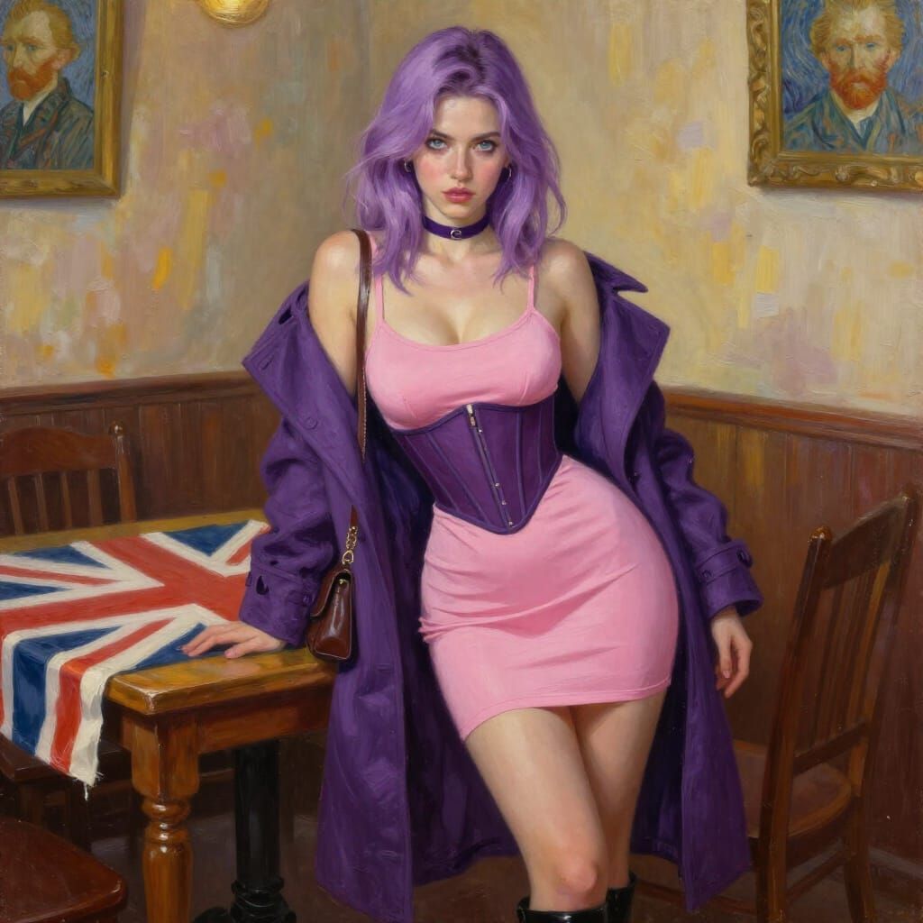 Purple Haired Woman in Corset, Union Jack Tablecloth