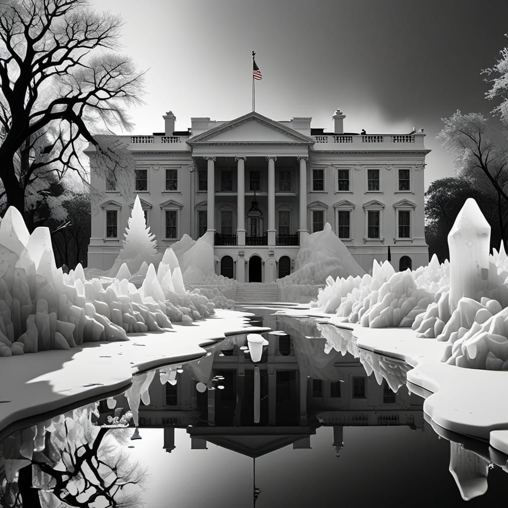 Melting Ice People Outside White House in Monochrome